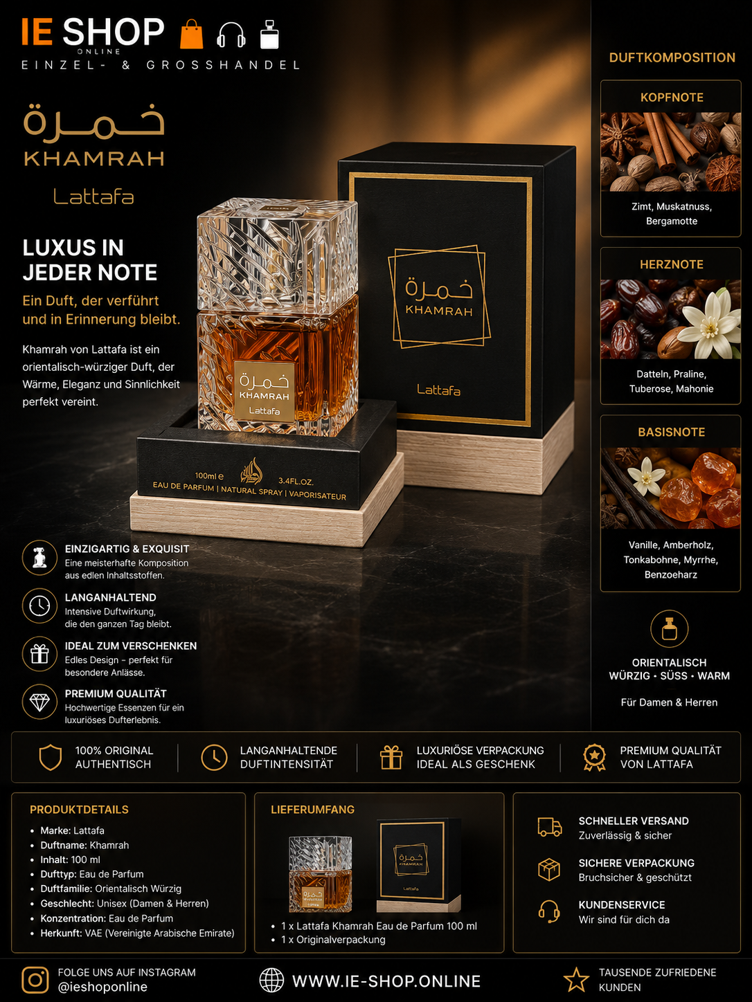 Lattafa Khamrah Eau de Parfum 100 ml – Orientalischer Unisex-Duft