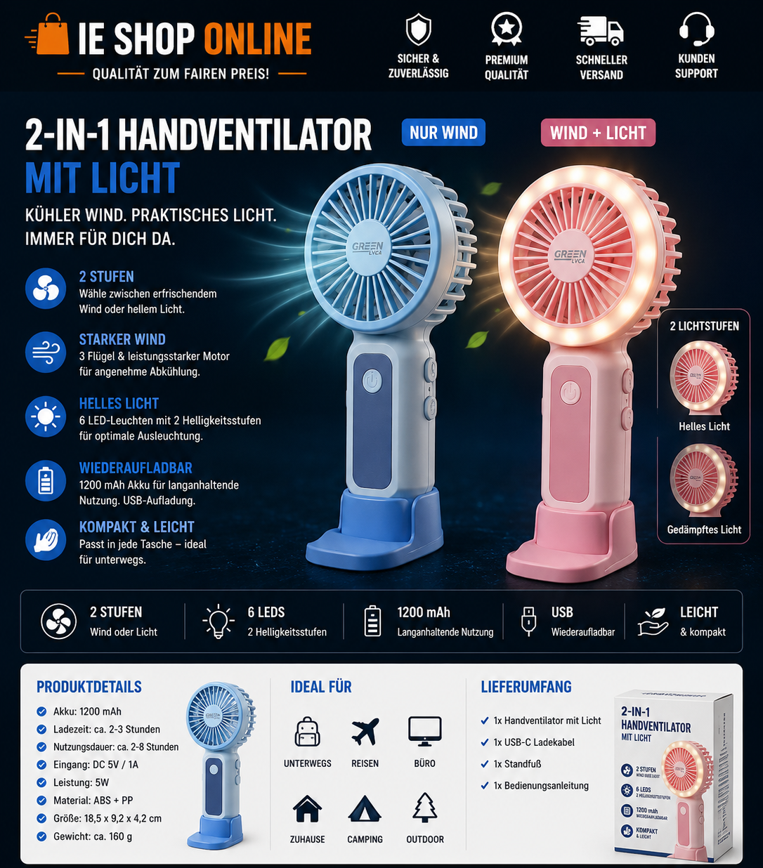 2-in-1 Handventilator mit LED-Licht – Wiederaufladbar