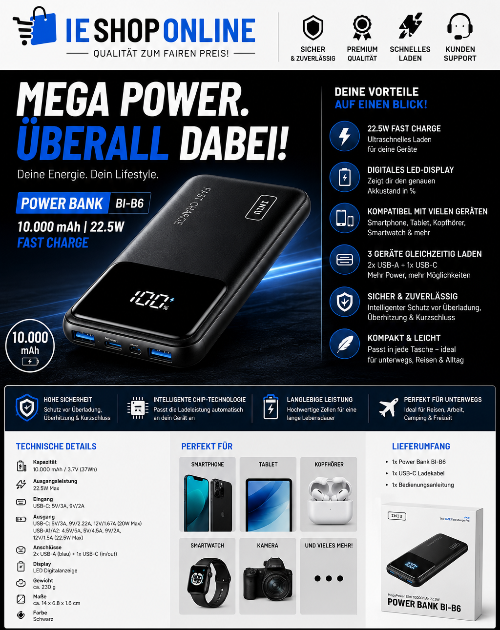 INIU Powerbank 10.000 mAh – 22,5W Fast Charge mit LED-Display