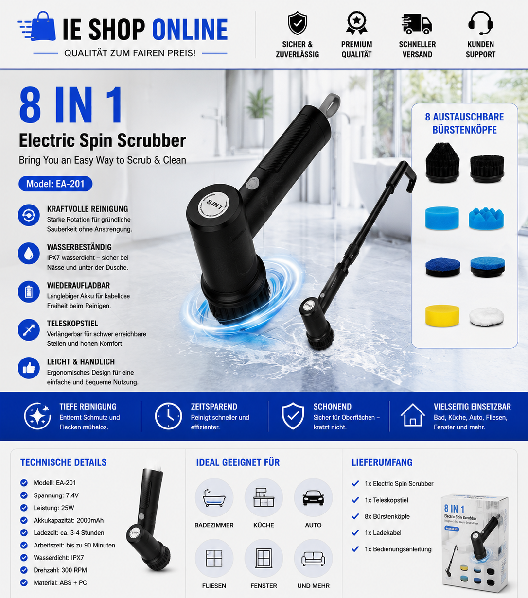 8-in-1 Elektrischer Spin Schrubber – Kabellose Reinigung leicht gemacht