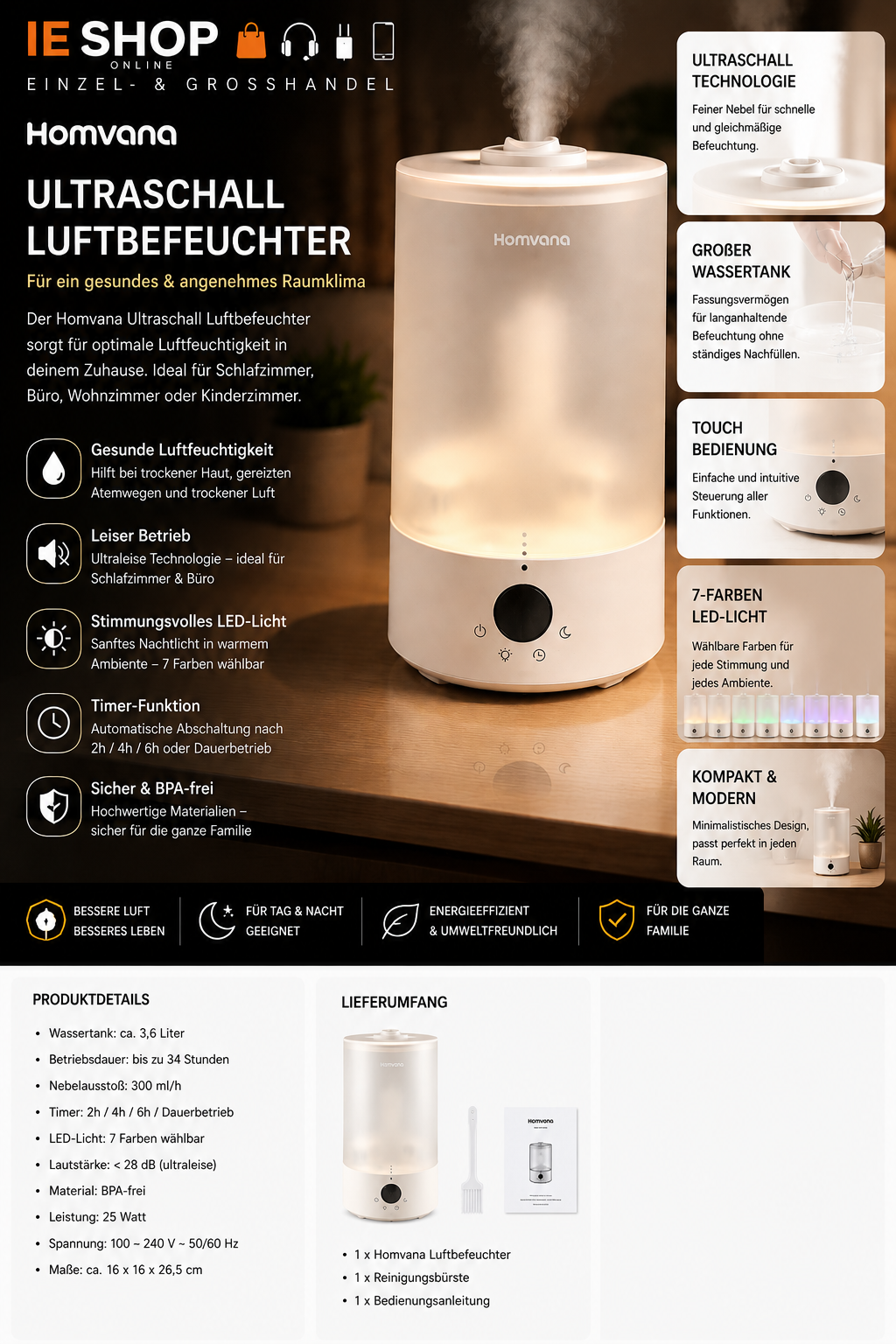 Homvana Ultraschall Luftbefeuchter – 3,6L | 7 Farben LED | Timer | Ultra-Leise