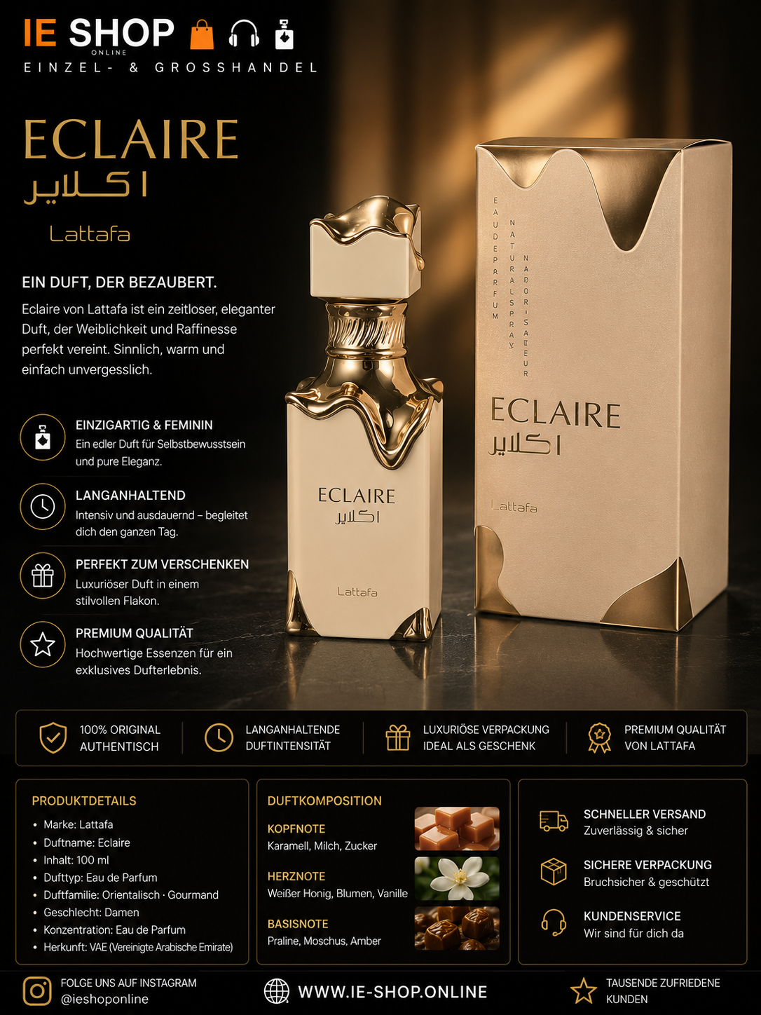 Lattafa Eclaire Eau de Parfum 100 ml – Eleganter Gourmand-Duft für Damen
