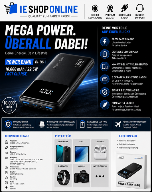 INIU Powerbank 10.000 mAh – 22,5W Fast Charge mit LED-Display