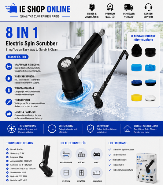 8-in-1 Elektrischer Spin Schrubber – Kabellose Reinigung leicht gemacht