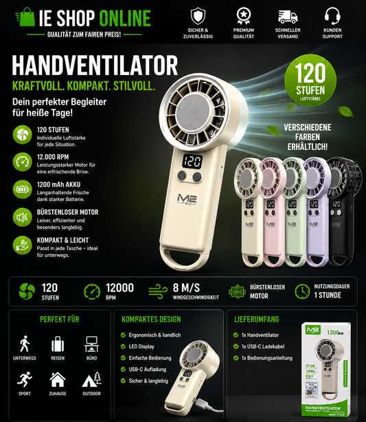 Handventilator mit 120 Windstufen – Wiederaufladbar & Leistungsstark