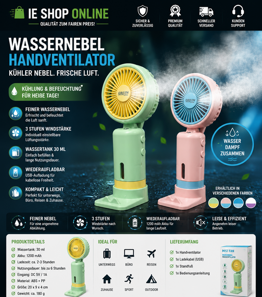 Handventilator mit Wassernebel – Wiederaufladbar & Erfrischend