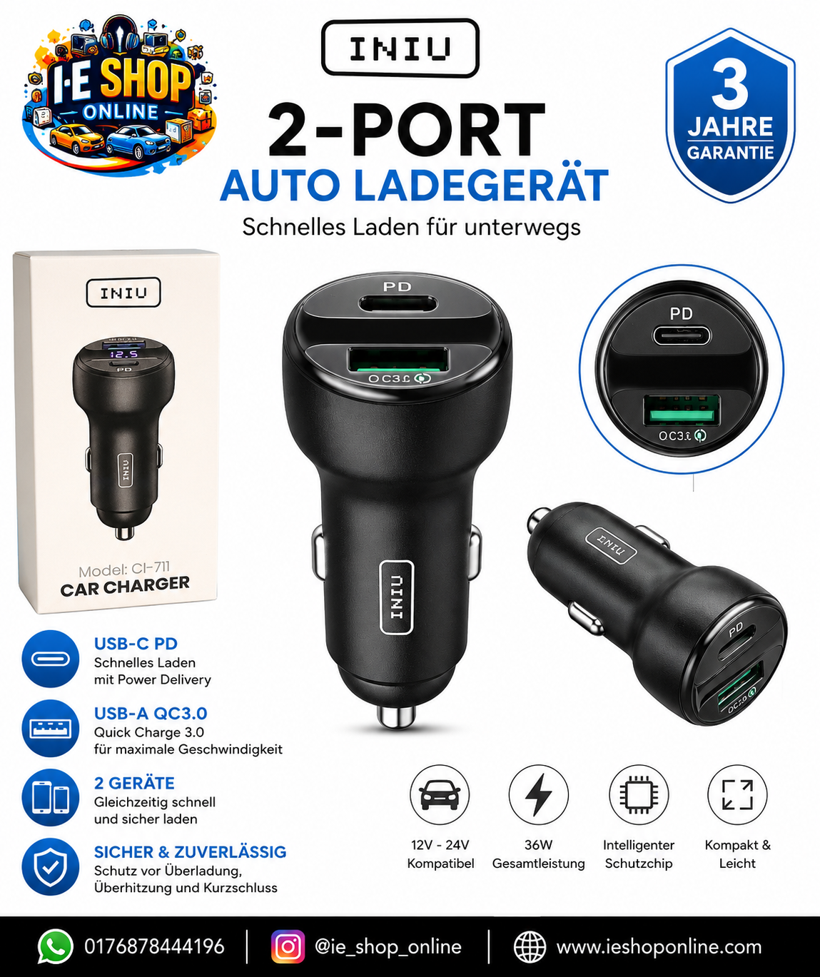 INIU Auto Ladegerät CI-711 – USB-C PD & USB-A Quick Charge 3.0