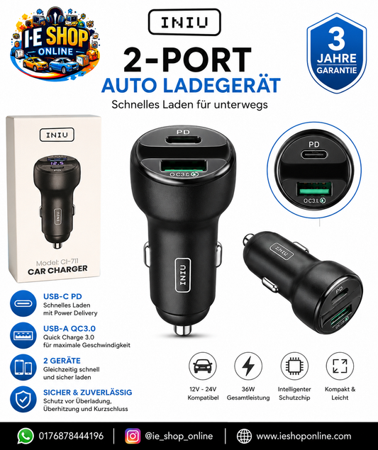 INIU Auto Ladegerät CI-711 – USB-C PD & USB-A Quick Charge 3.0