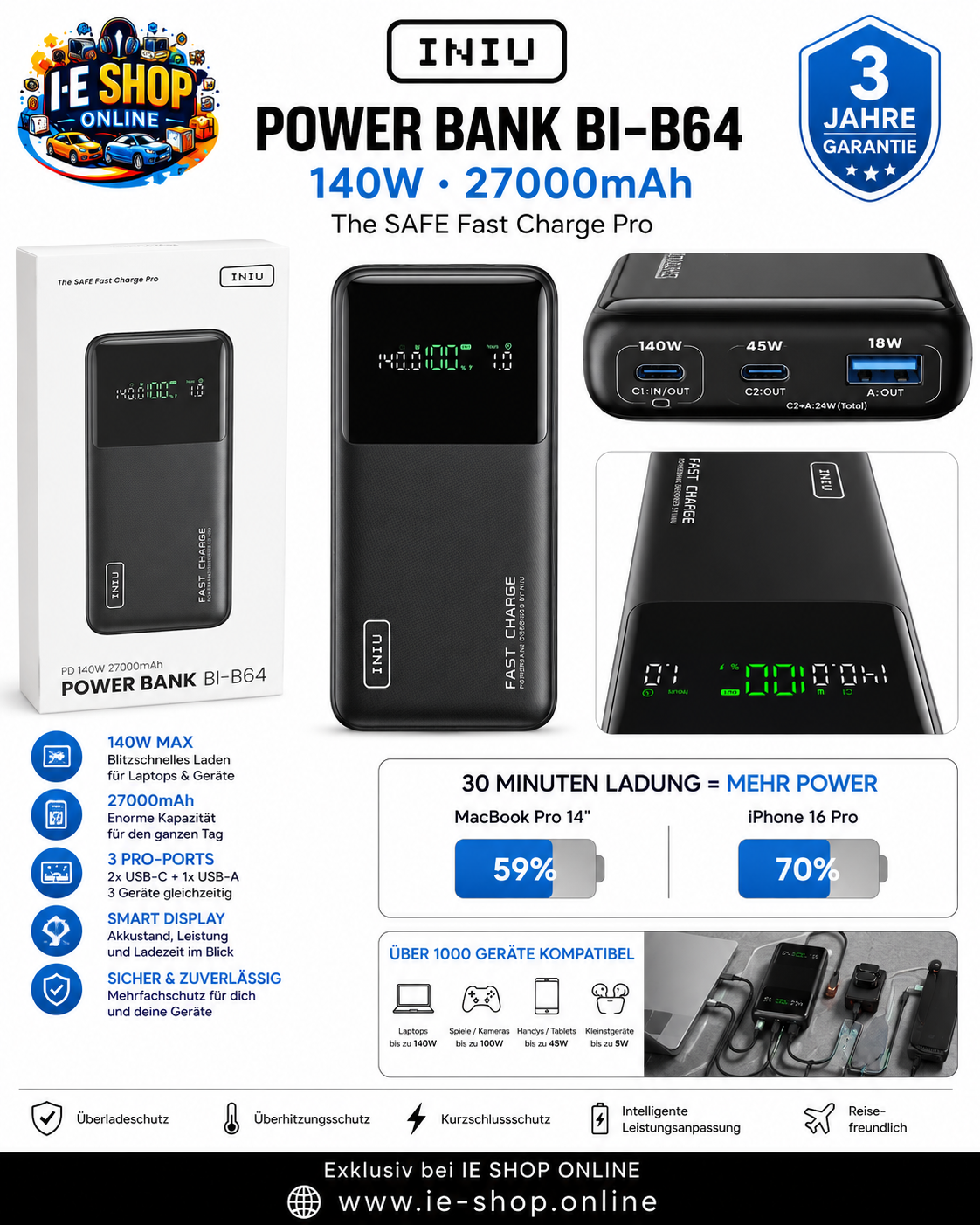 INIU Power Bank BI-B64 – 140W Fast Charge & 27000mAh