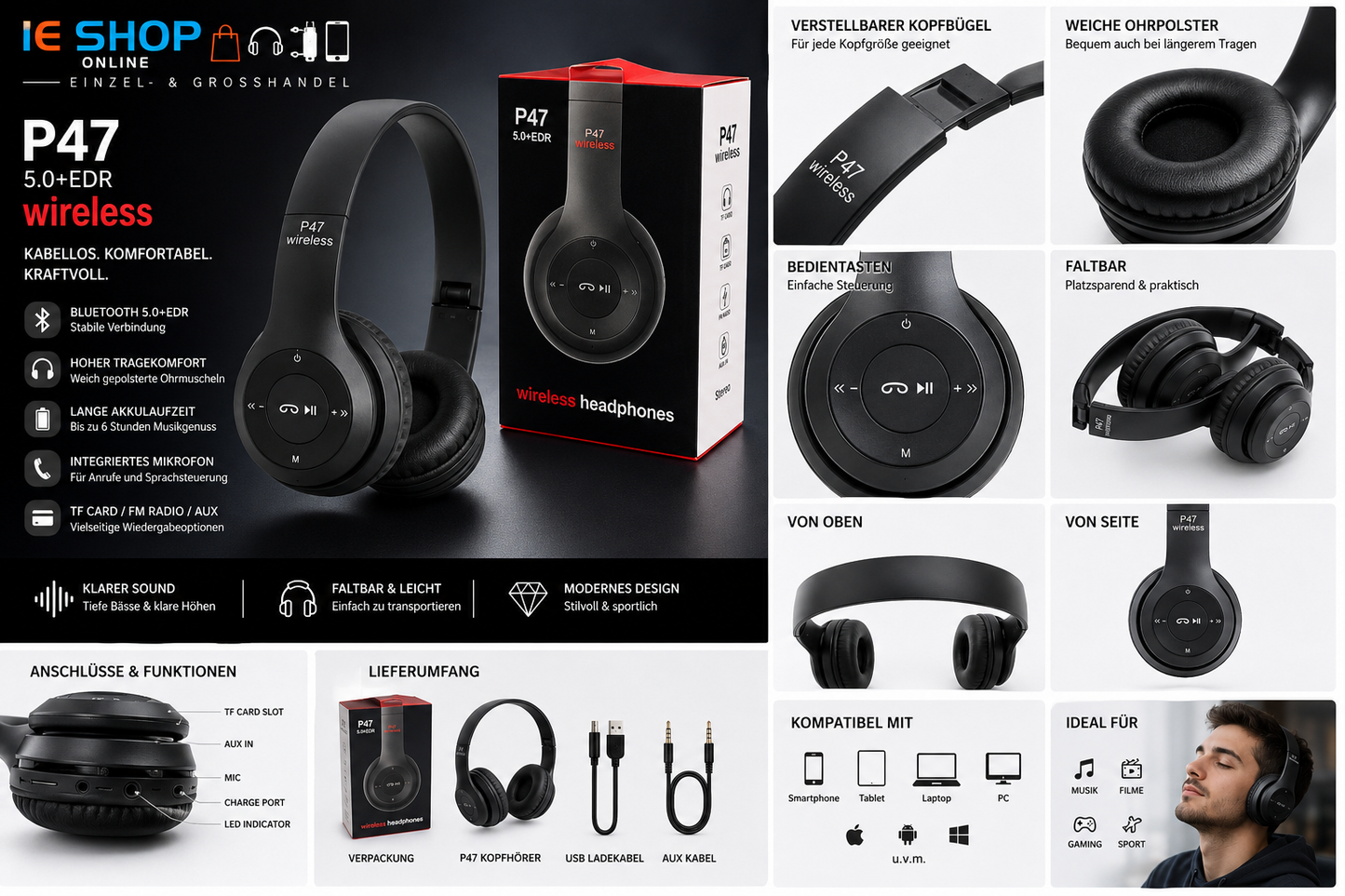 Wireless Bluetooth Kopfhörer 5.0 + EDR