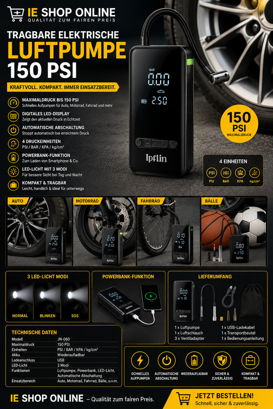 Tragbare Elektrische Luftpumpe 150 PSI – Kabelloser Kompressor mit Powerbank & LED-Licht